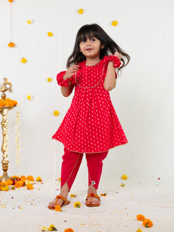 POLKA TOTS Girls Festive Golden Foil Print Kurta Dhoti Set  - PINK