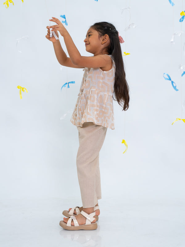 Polka Tots Sleeveless  Statement Bow Girls top & Bottom Set- Beige