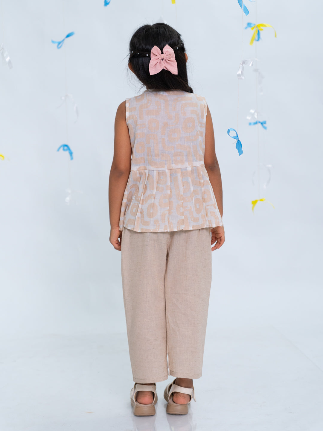 Polka Tots Sleeveless  Statement Bow Girls top & Bottom Set- Beige