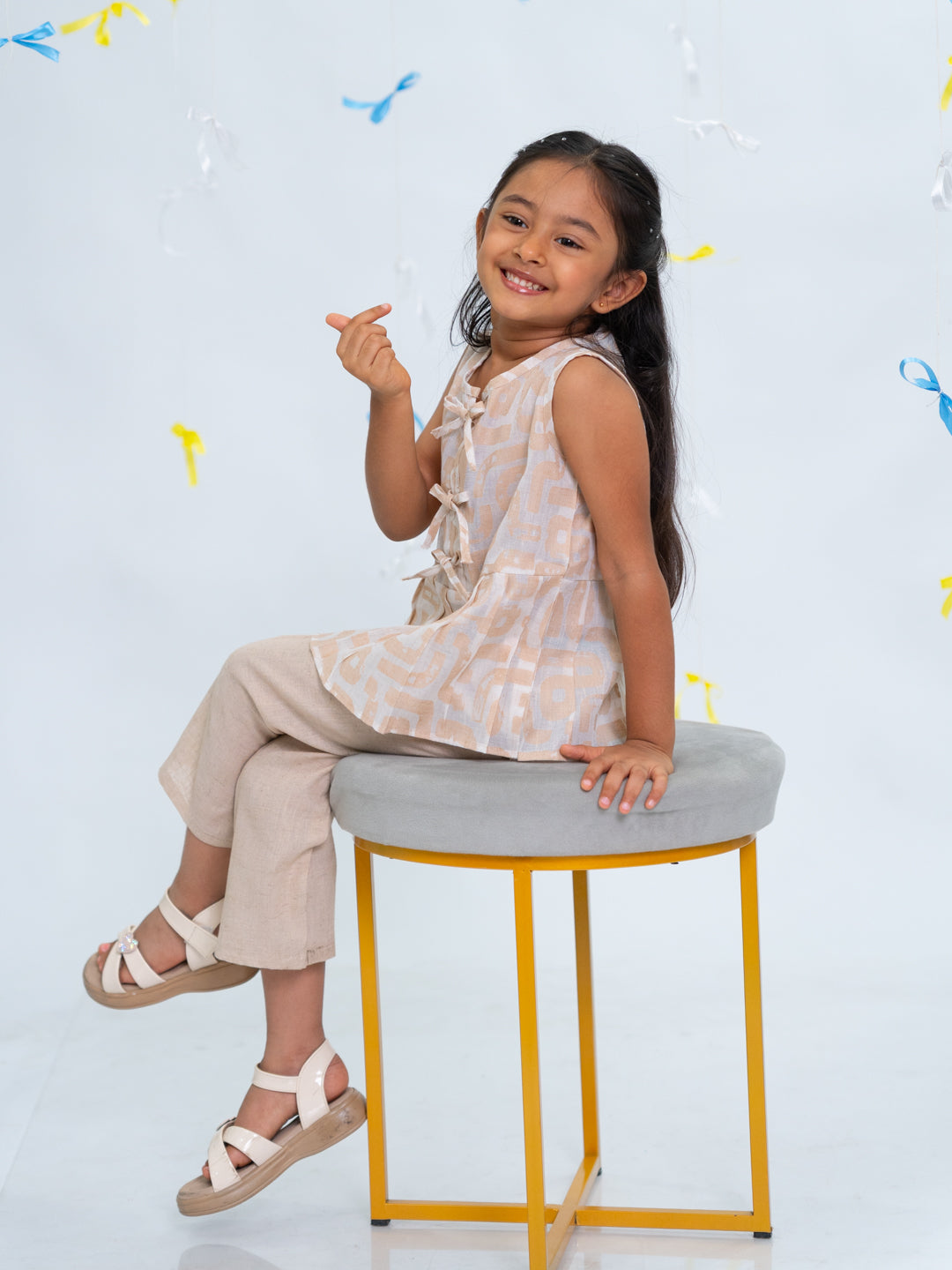 Polka Tots Sleeveless  Statement Bow Girls top & Bottom Set- Beige