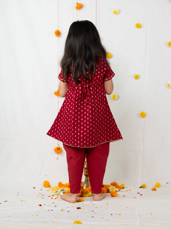 POLKA TOTS Girls Festive Golden Foil Print Kurta Dhoti Set – Maroon.