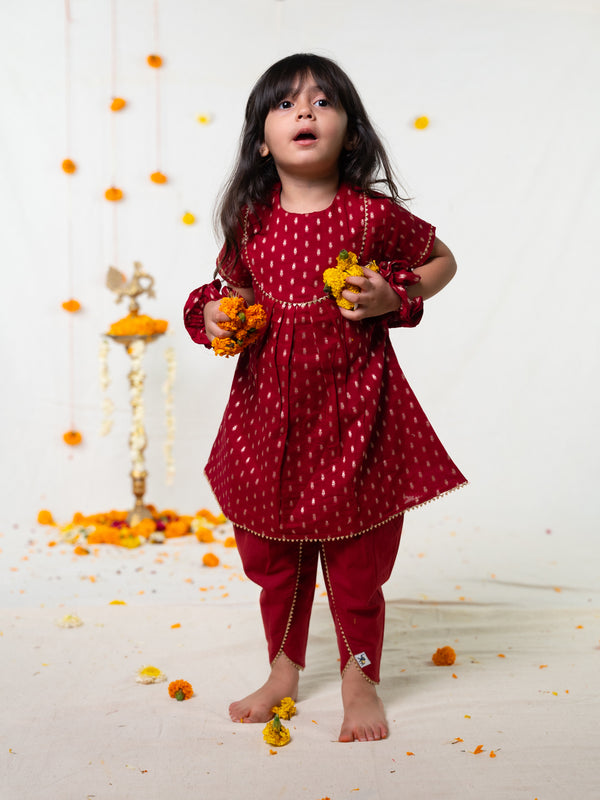 POLKA TOTS Girls Festive Golden Foil Print Kurta Dhoti Set – Maroon.
