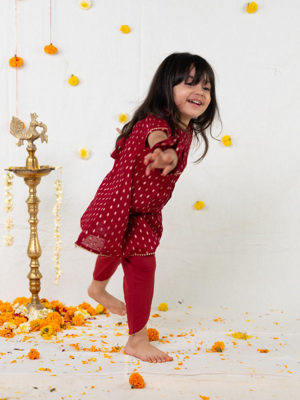 POLKA TOTS Girls Festive Golden Foil Print Kurta Dhoti Set – Maroon.