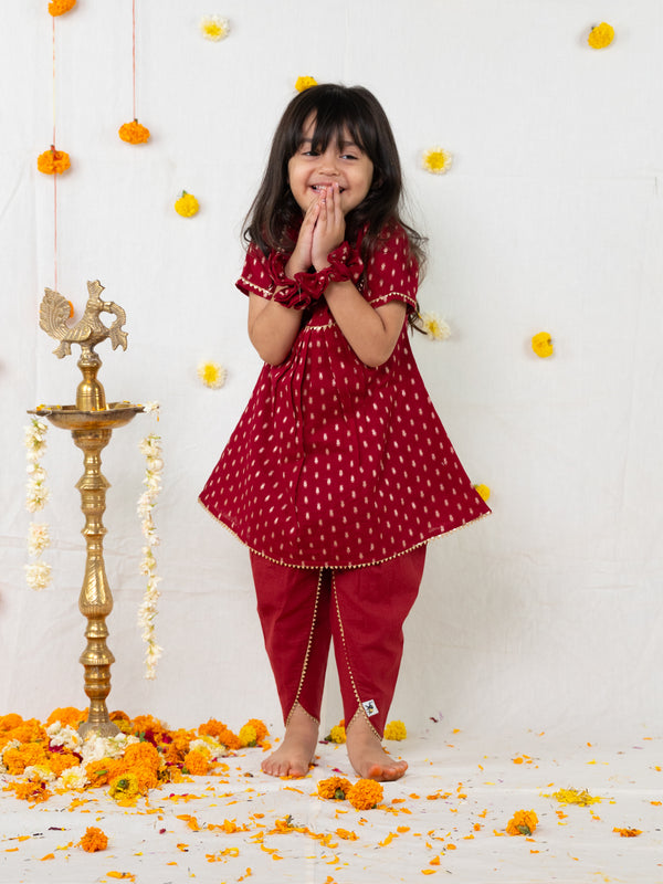POLKA TOTS Girls Festive Golden Foil Print Kurta Dhoti Set – Maroon.