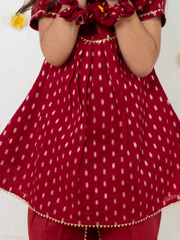 POLKA TOTS Girls Festive Golden Foil Print Kurta Dhoti Set – Maroon.