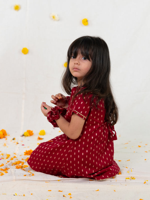 POLKA TOTS Girls Festive Golden Foil Print Kurta Dhoti Set – Maroon.