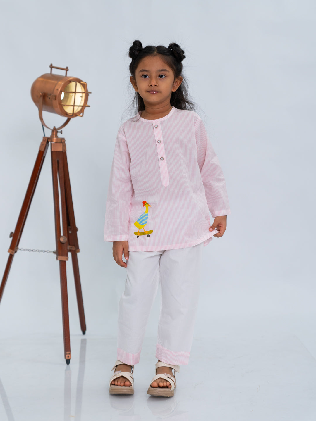 Polka Tots Duck Sticker Stripes Night wear Kurta Pajama- Pink