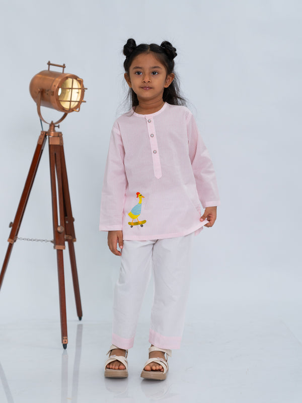 Polka Tots Duck Sticker Stripes Night wear Kurta Pajama- Pink
