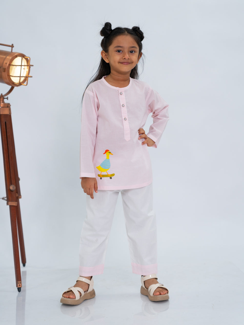 Polka Tots Duck Sticker Stripes Night wear Kurta Pajama- Pink