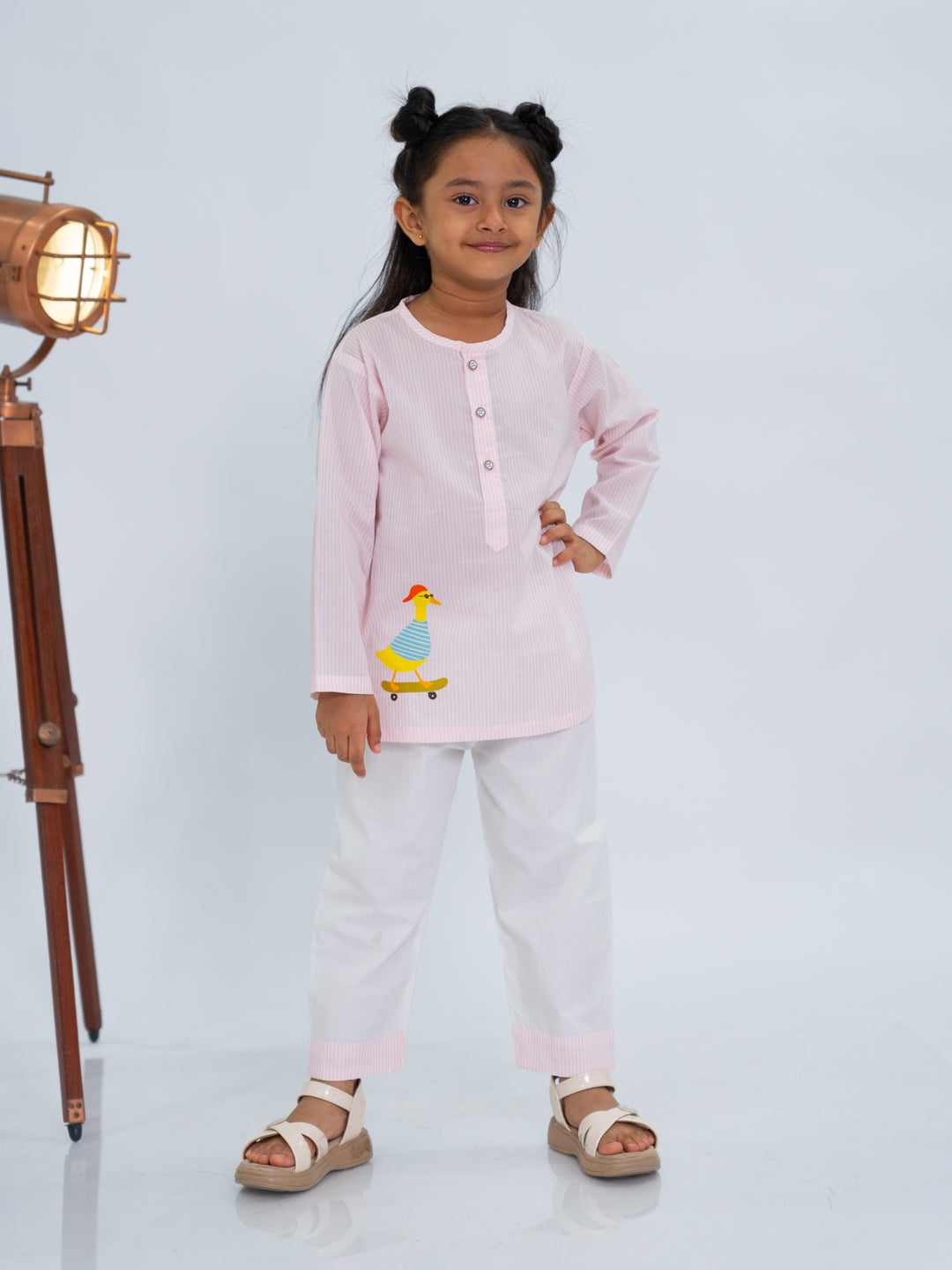 Polka Tots Duck Sticker Stripes Night wear Kurta Pajama- Pink