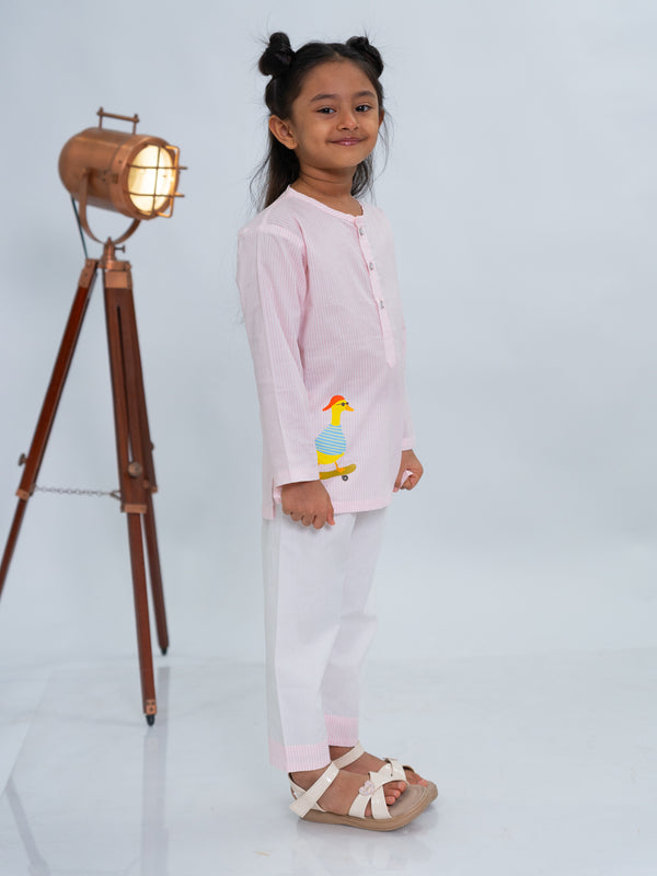 Polka Tots Duck Sticker Stripes Night wear Kurta Pajama- Pink