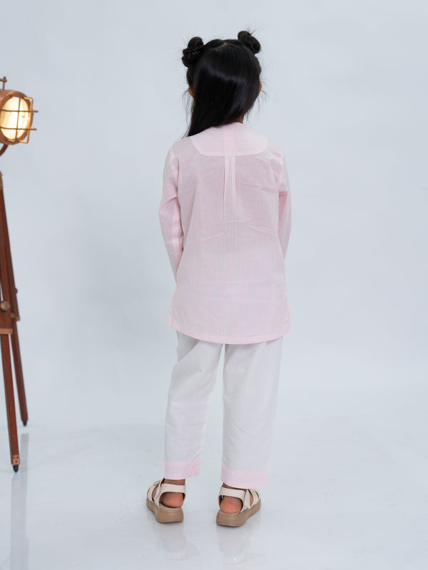 Polka Tots Duck Sticker Stripes Night wear Kurta Pajama- Pink