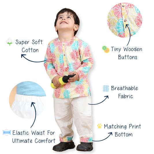 Polka Tots Full Sleeves Lemon print Kurta Pyjama - Multicolor