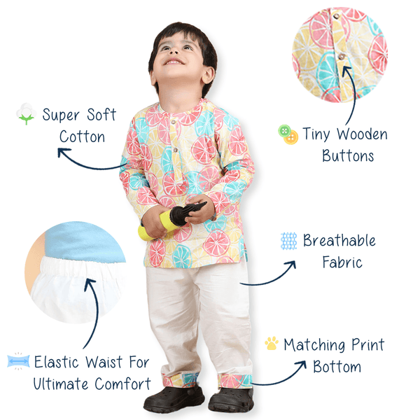 Polka Tots Lemon print Full Sleeves Nightwear Kurta pyjama set - Multicolor
