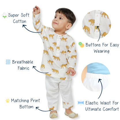 Polka Tots Kurta Pajama for Kids 100% Super Soft Cotton Night Suits for Boys & Girls Leopard Print - White