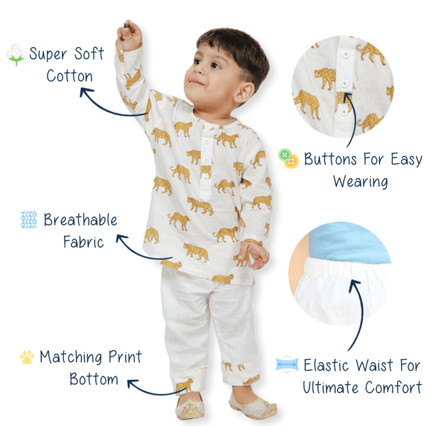 Polka Tots Leopard print Full sleeves Nightwear Kurta pyjama set - White
