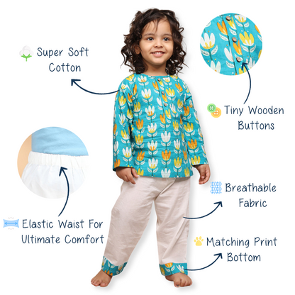 Polka Tots Lotus Printed Full Sleeve Kurta Pyjama - Blue