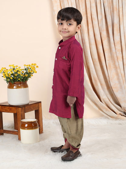 Polka Tots Full Sleeve Solid Kurta with Dhoti Set with Contrast Pocket - Maroon