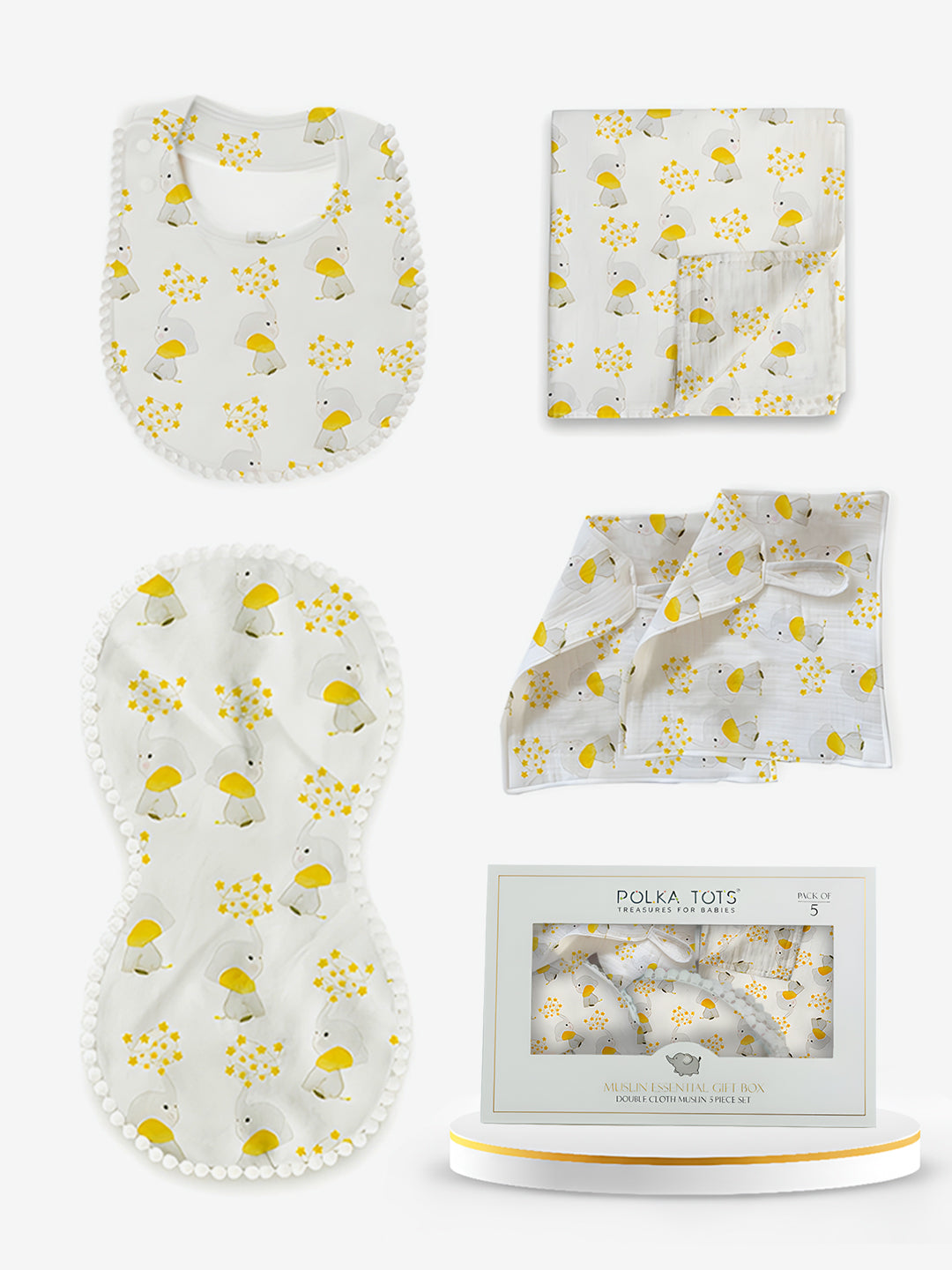 Baby product set with bib, burp cloth, and booties featuring yellow floral pattern on a white background.