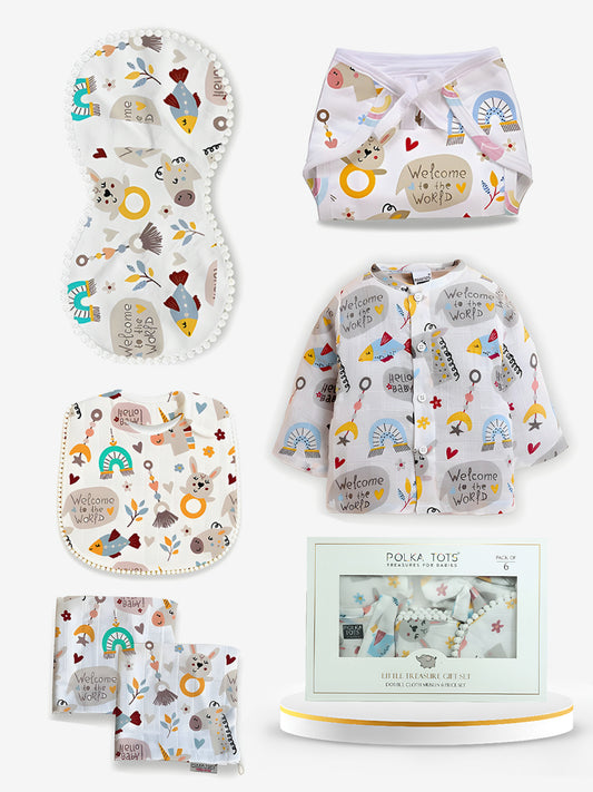 Baby product set with bibs, burp cloths, and blanket featuring animal patterns in a white container.
