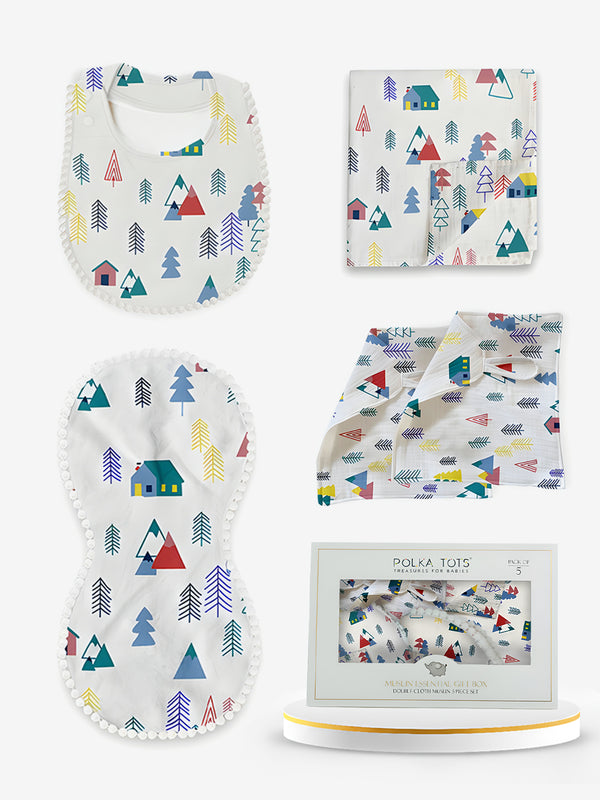 Polka Tots Newborn Pack of 5 100% Soft Double-Layer Muslin Cotton Essentials Gift Box – Tiny Town Print