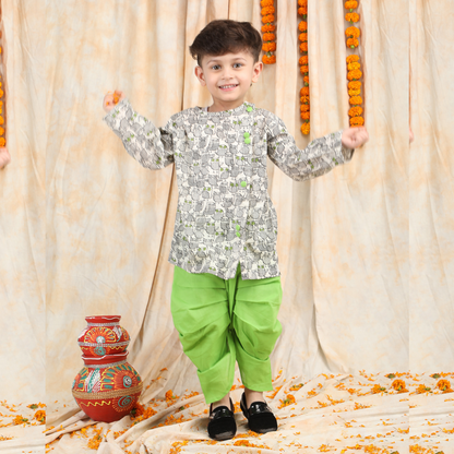 Polka Tots Full Sleeve Owl print Angrakha With Dhoti - Green