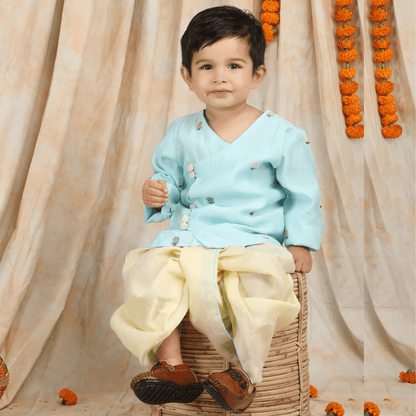 Polka Tots Full sleeves Flower Embroidery Angrakha - Blue