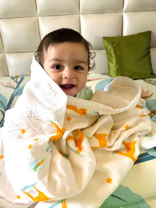 Polka Tots Organic Muslin Cotton two Layer Blanket SuperSoft Size 110 x 110 CM (Deer)