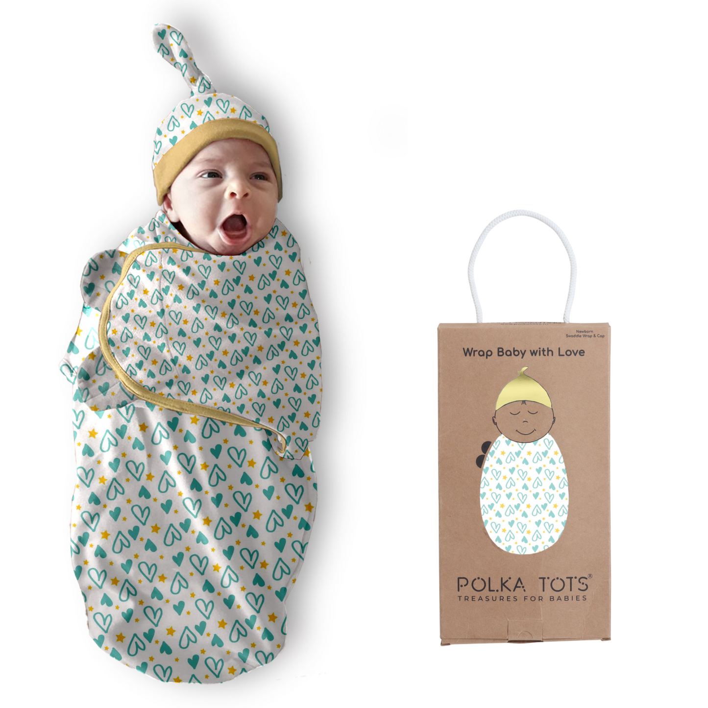 Polka Tots Heart Print Swaddle wrap with Cap - Blue