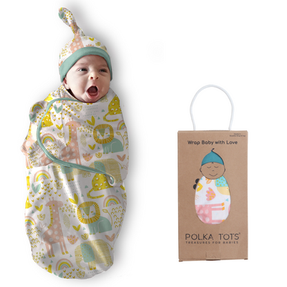 Polka Tots Jungle Print Swaddle wrap with Cap - Multicolor