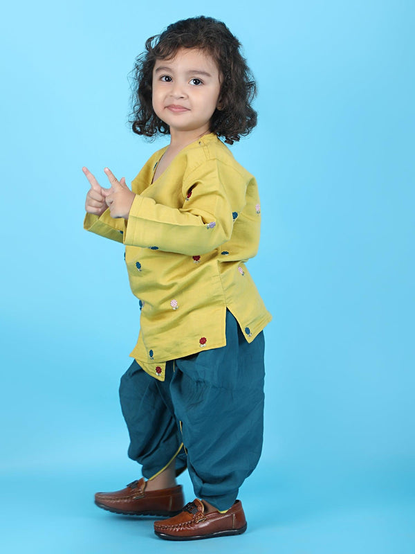 Polka Tots Full sleeves Flower Embroidery Angrakha With Dhoti Set - Green