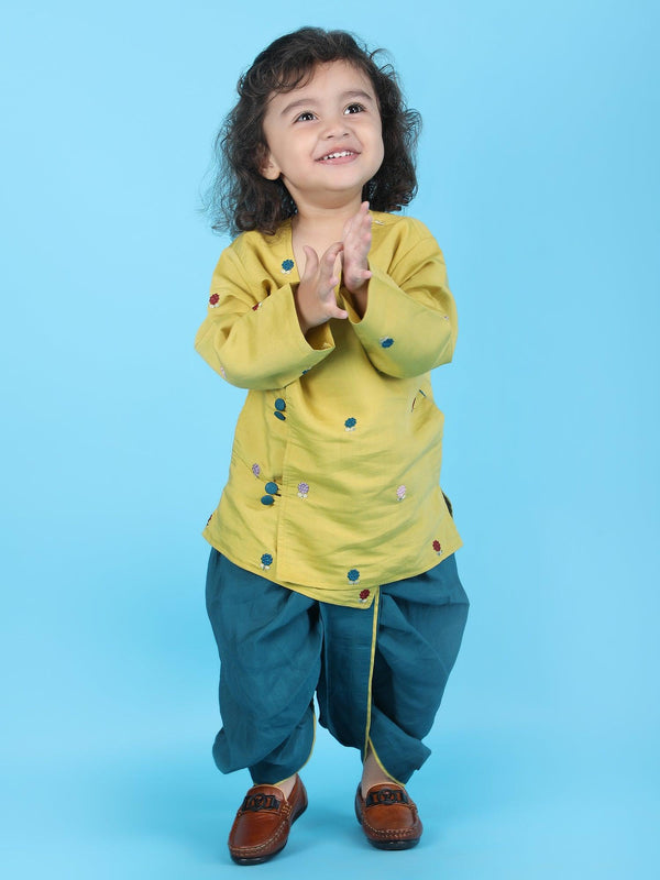 Polka Tots Full sleeves Flower Embroidery Angrakha With Dhoti Set - Green