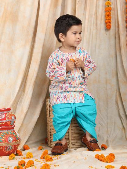 Polka Tots Full Sleeve Abstract print Angrakha With Dhoti - Turquoise Blue