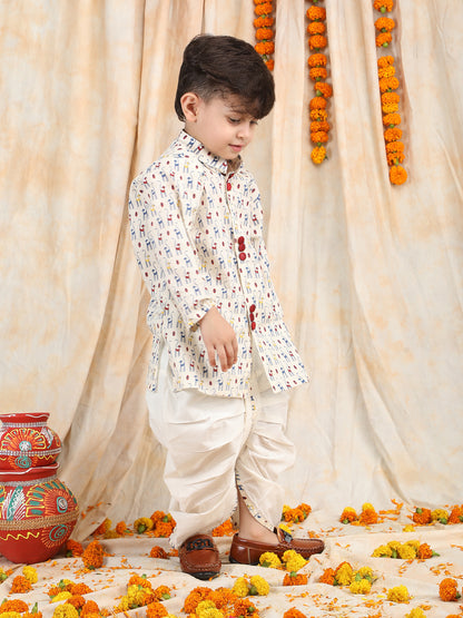 Polka Tots Full Sleeve Cat print Angrakha With Dhoti - White