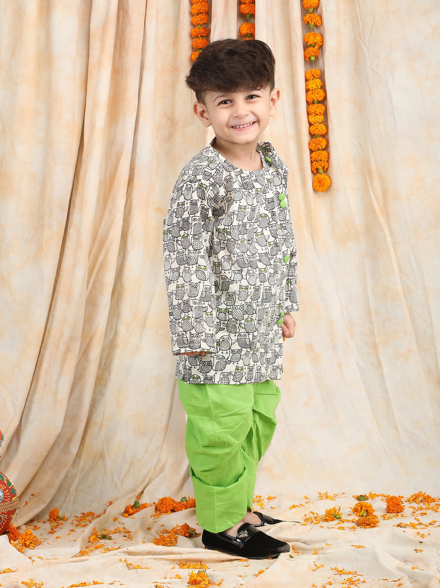 Polka Tots Full Sleeve Owl print Angrakha With Dhoti - Green