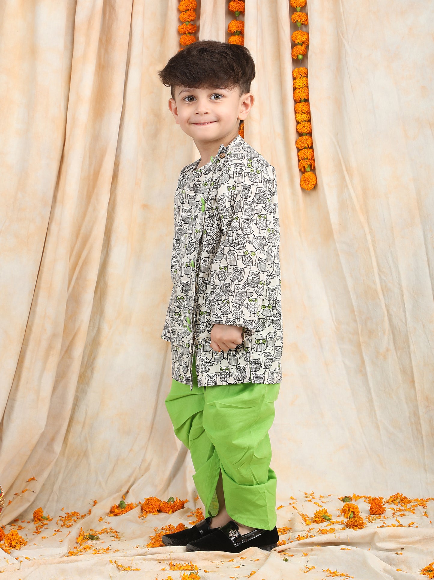 Polka Tots Full Sleeve Owl print Angrakha With Dhoti - Green