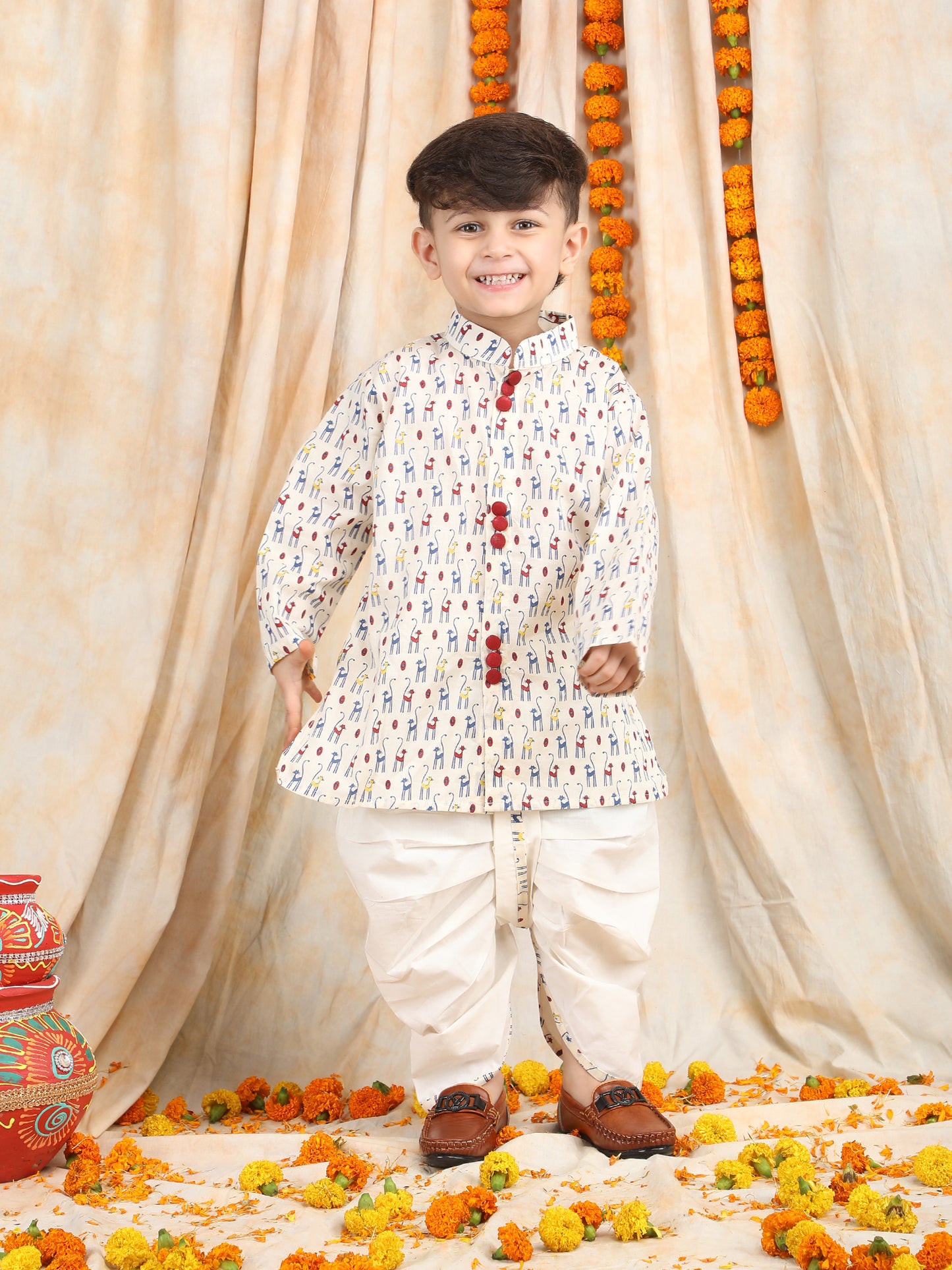 Polka Tots Full Sleeve Cat print Angrakha With Dhoti - White