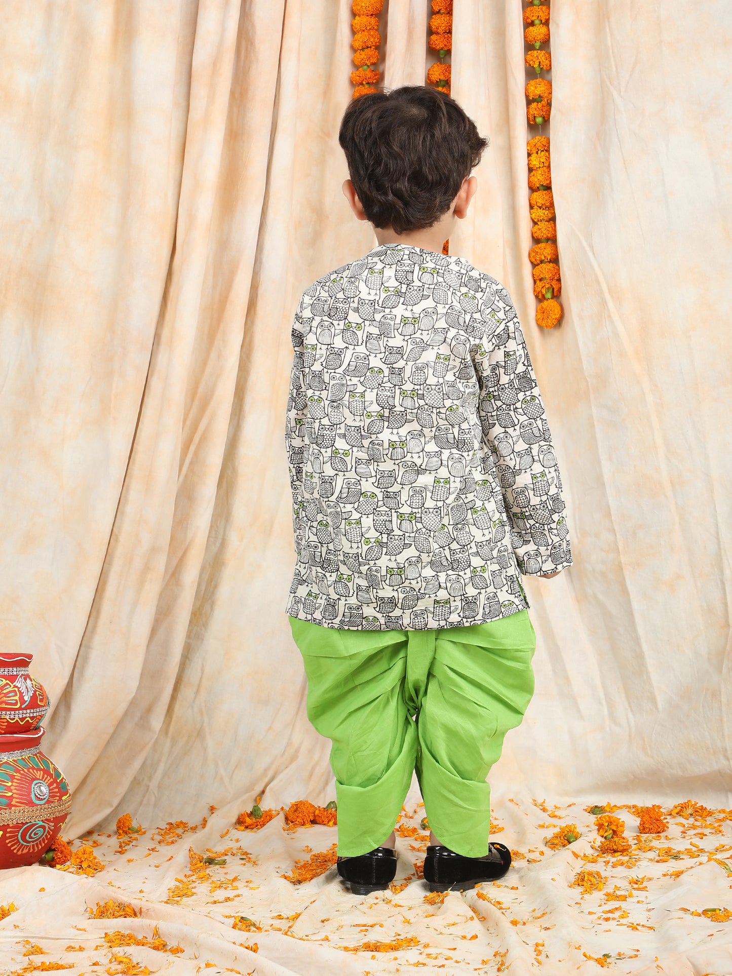 Polka Tots Full Sleeve Owl print Angrakha With Dhoti - Green