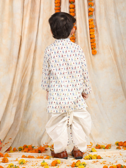 Polka Tots Full Sleeve Cat print Angrakha With Dhoti - White