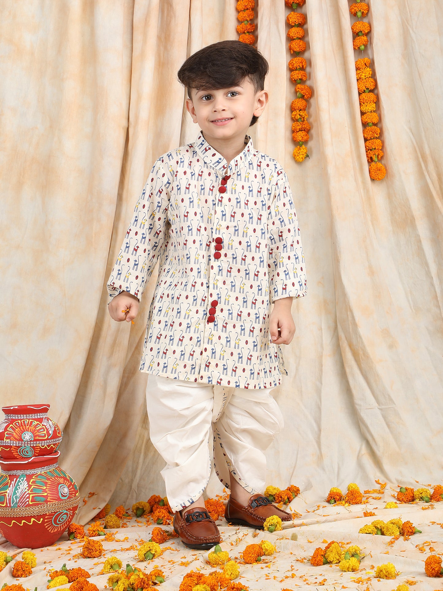 Polka Tots Full Sleeve Cat print Angrakha With Dhoti - White