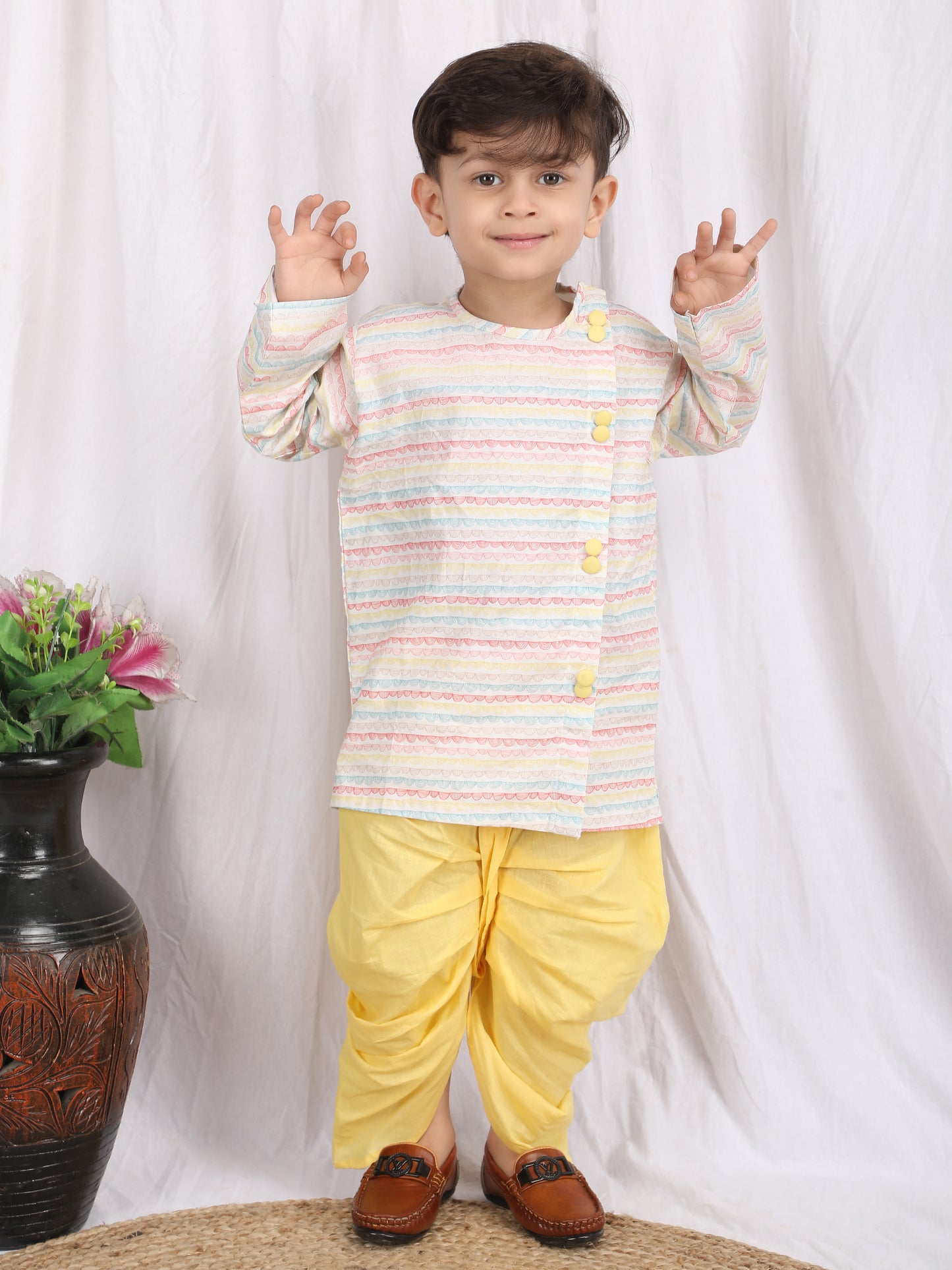 Polka Tots Full Sleeve Stripe Angrakha With Dhoti - Yellow