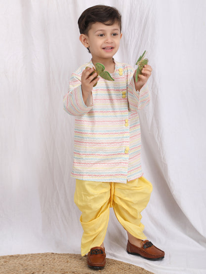 Polka Tots Full Sleeve Stripe Angrakha With Dhoti - Yellow