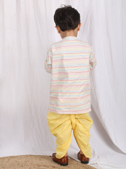 Polka Tots Full Sleeve Stripe Angrakha With Dhoti - Yellow