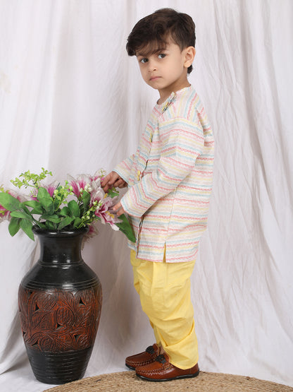 Polka Tots Full Sleeve Stripe Angrakha With Dhoti - Yellow