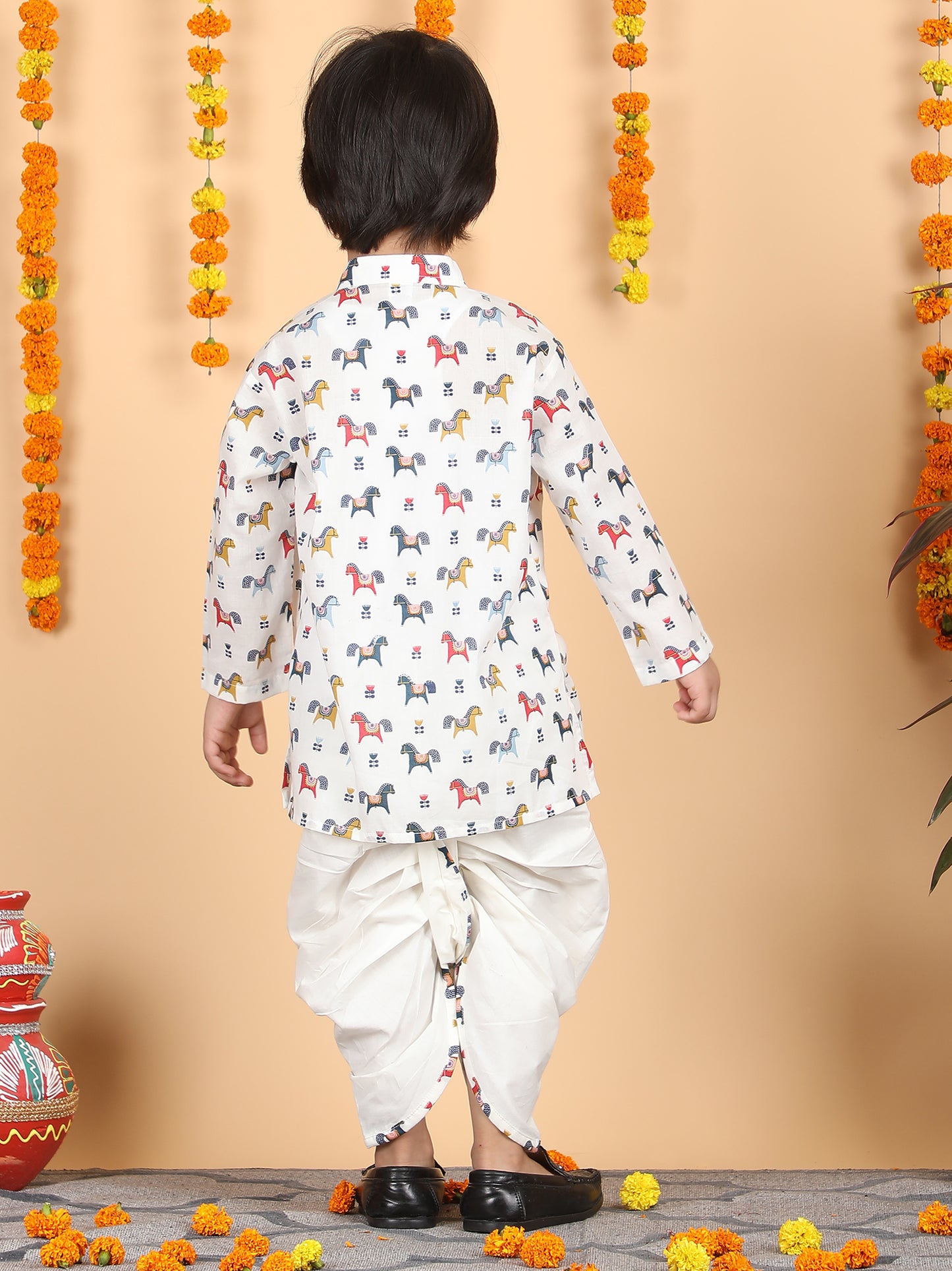 Polka Tots Full Sleeve Horse print Kurta With Dhoti set - Multicolor