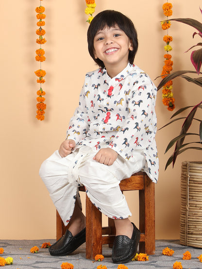 Polka Tots Full Sleeve Horse print Kurta With Dhoti set - Multicolor