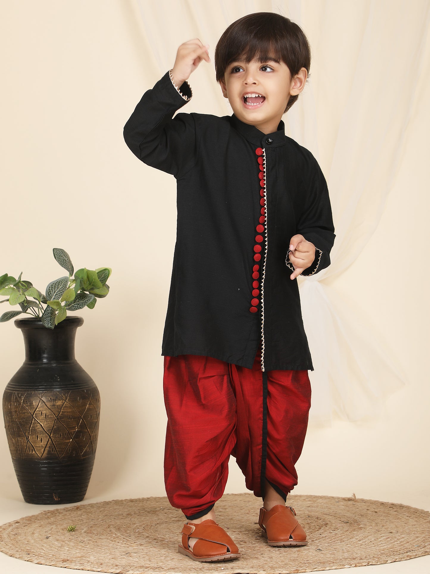 Polka Tots Full Sleeve Angrakha With Dhoti - Black