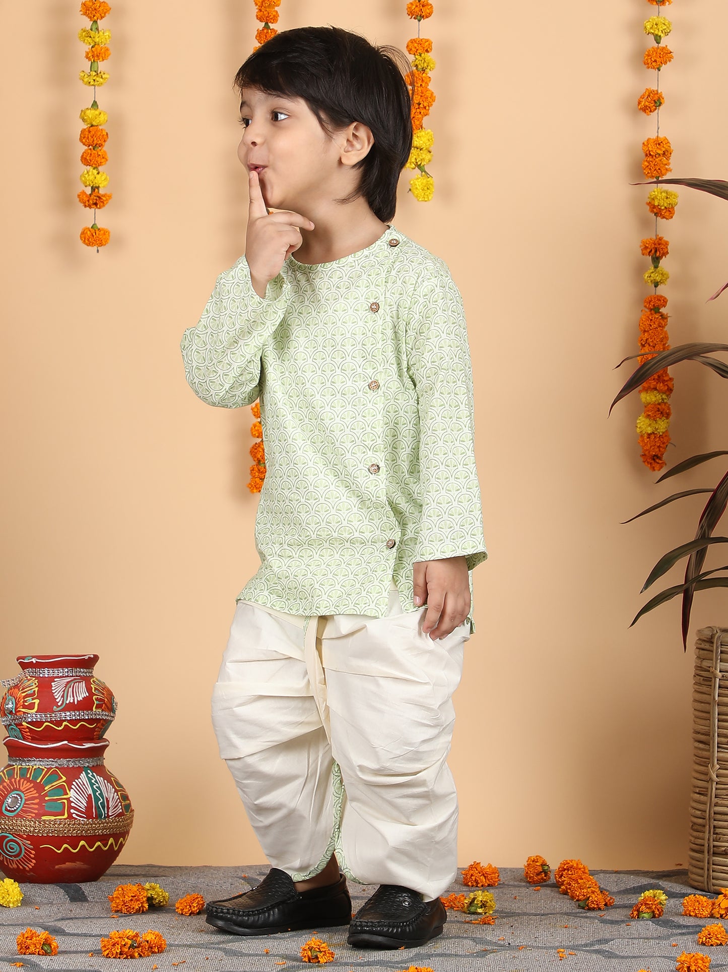 Polka Tots Full Sleeve Angrakha With Dhoti - Green