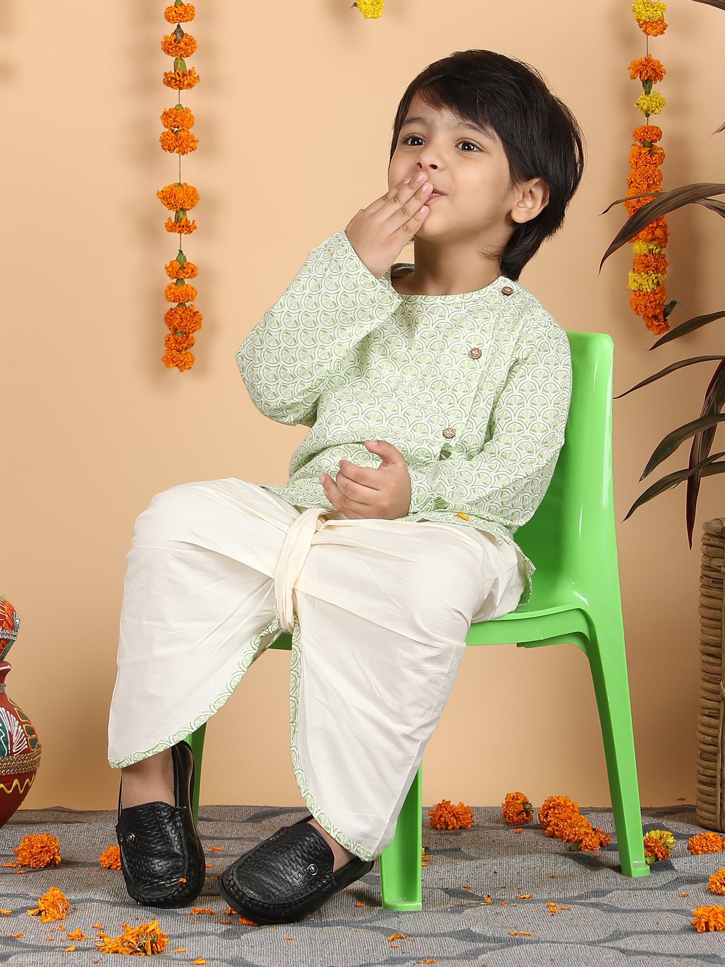 Polka Tots Full Sleeve Angrakha With Dhoti - Green