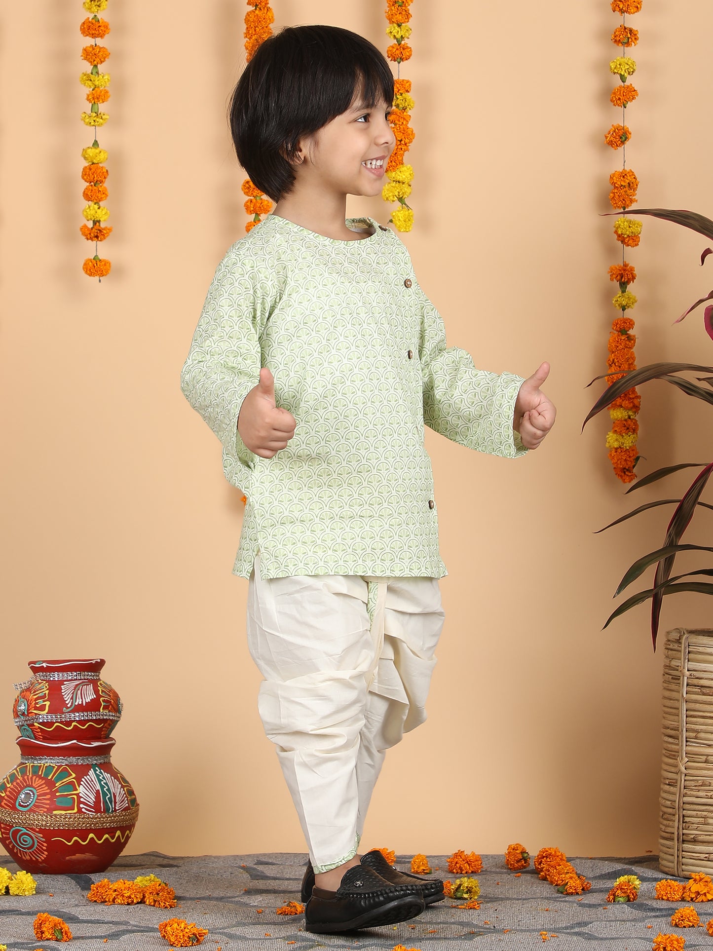 Polka Tots Full Sleeve Angrakha With Dhoti - Green